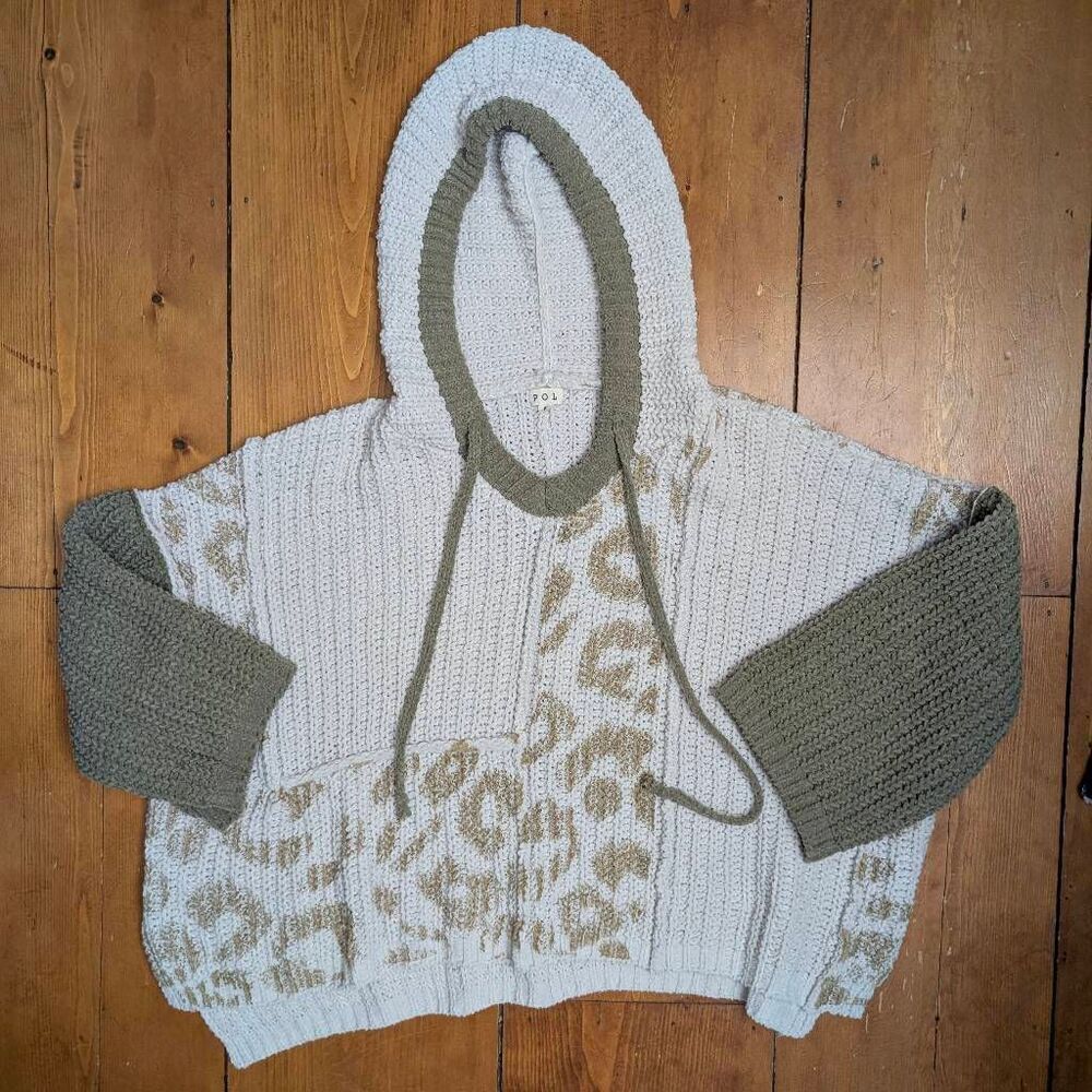 POL Chunky Knit Hooded Sweater Size L oversized Cheetah Print